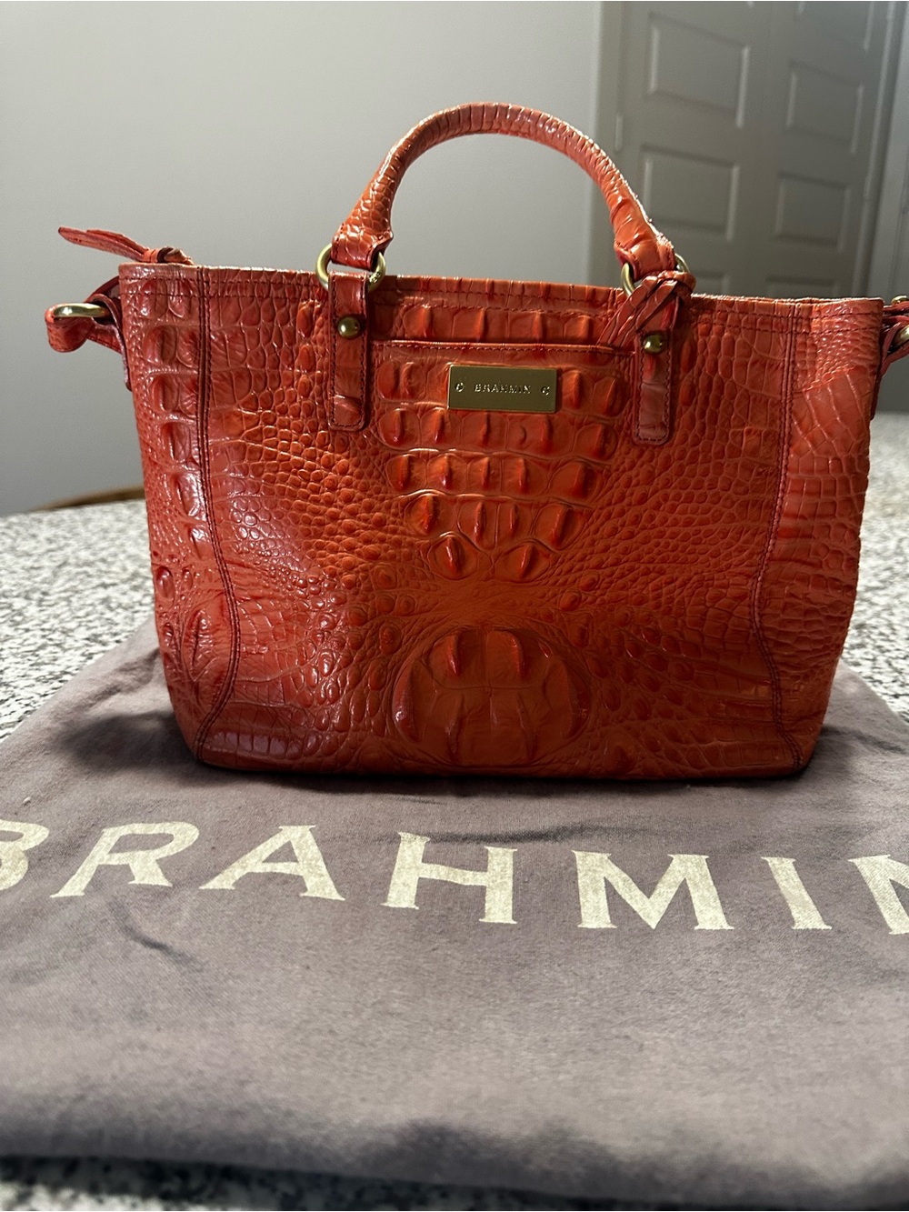 Brahmin Burnt Orange Croc-Embossed Tote - Picture 2 of 6